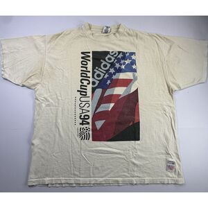 VINTAGE ADIDAS 1994‎ WORLD CUP USA SOCCER BIG FLAG PRINTED T-SHIRT *Stained*